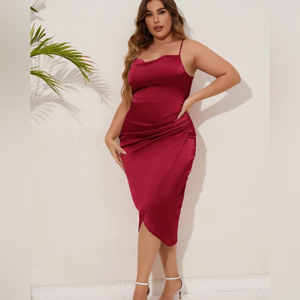 Satin Dress Ruched Spaghetti Strap Elegant Midi Dress Wedding Cocktail Burgundy